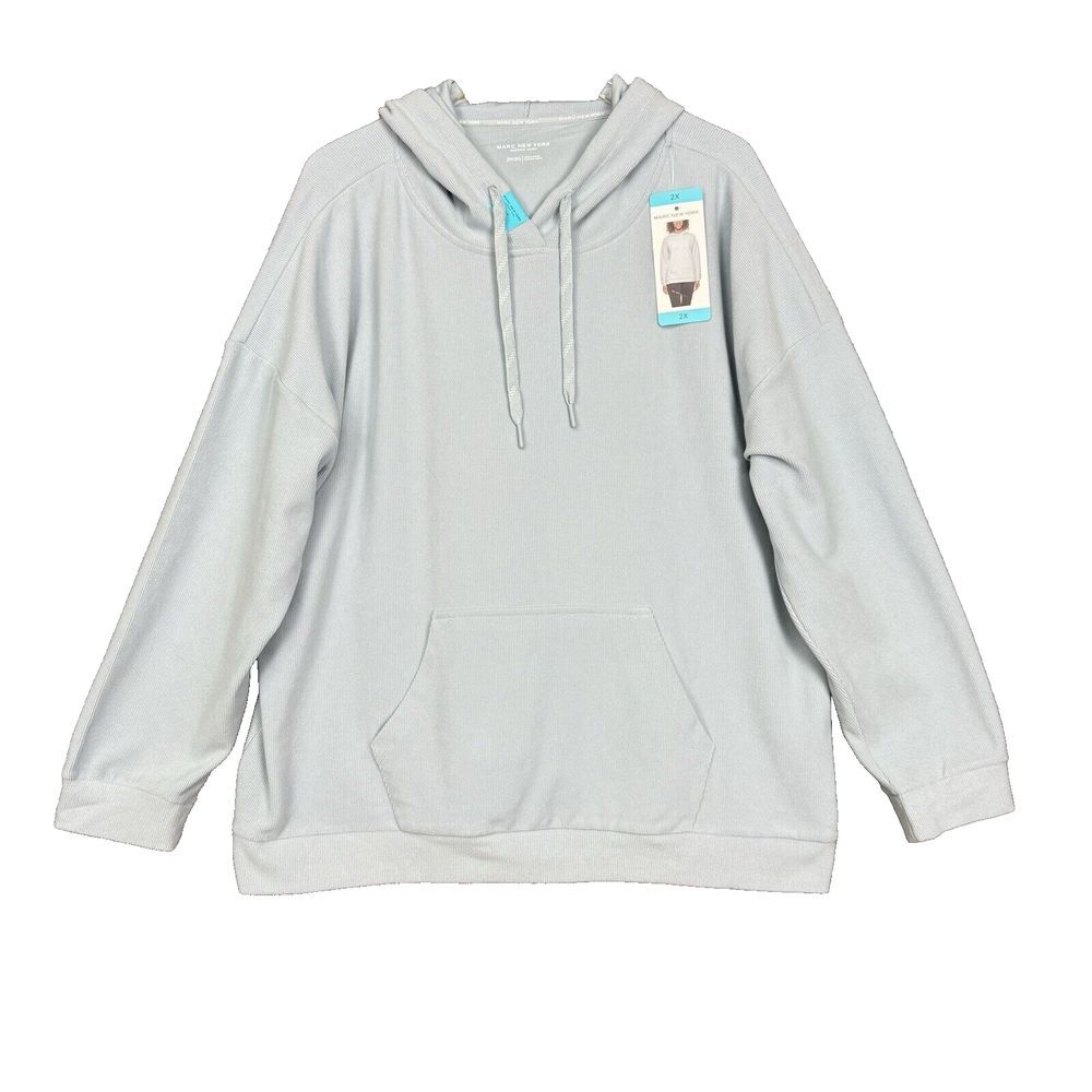 Marc New‎ York Shirt Womens 2X Blue Drawstring Hooded Sweatshirt Ribbed Pullover